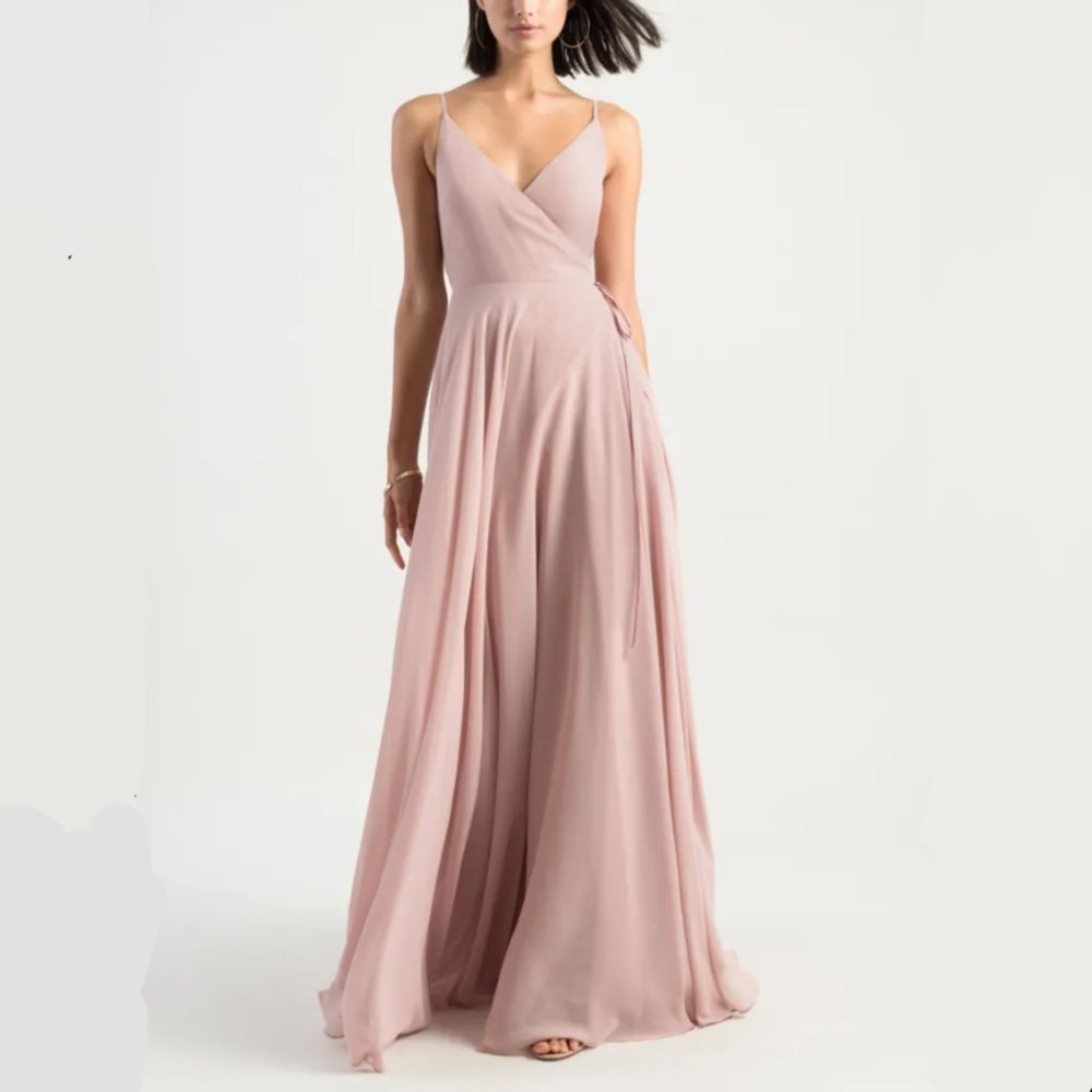 Jenny Yoo Collection James Sleeveless Wrap Chiffon Evening Dress in Soft Blush